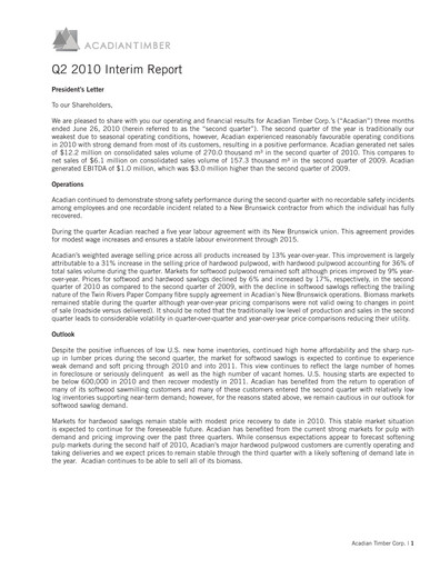 Thumbnail Acadian Timber Quarterly Report 2010-q2