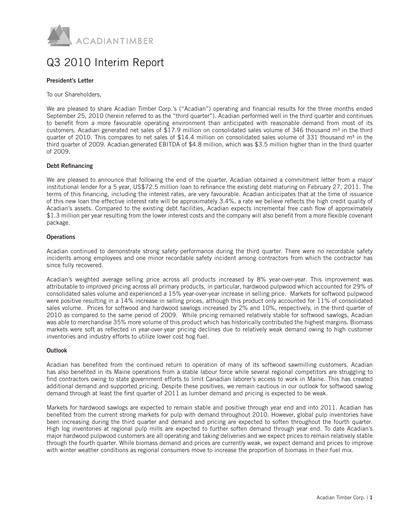 Thumbnail Acadian Timber Quarterly Report 2010-q3