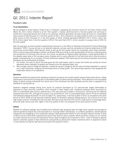 Thumbnail Acadian Timber Quarterly Report 2011-q1