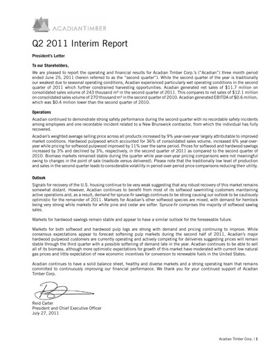 Thumbnail Acadian Timber Quarterly Report 2011-q2