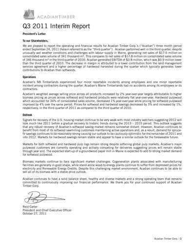 Thumbnail Acadian Timber Quarterly Report 2011-q3