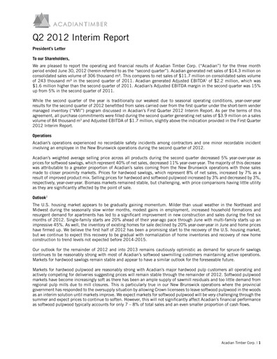 Thumbnail Acadian Timber Quarterly Report 2012-q2