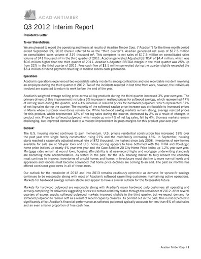 Thumbnail Acadian Timber Quarterly Report 2012-q3