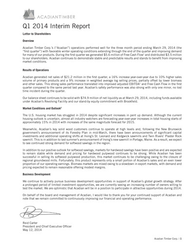 Thumbnail Acadian Timber Quarterly Report 2014-q1