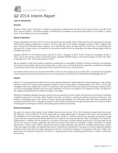 Thumbnail Acadian Timber Quarterly Report 2014-q2
