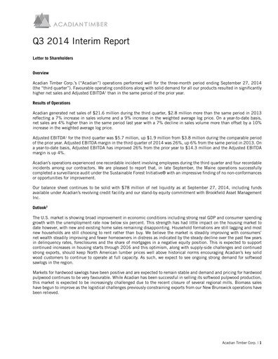 Thumbnail Acadian Timber Quarterly Report 2014-q3