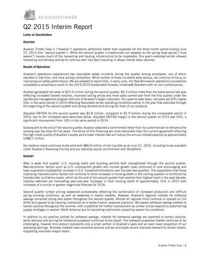 Thumbnail Acadian Timber Quarterly Report 2015-q2