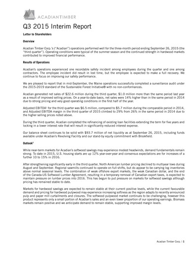 Thumbnail Acadian Timber Quarterly Report 2015-q3