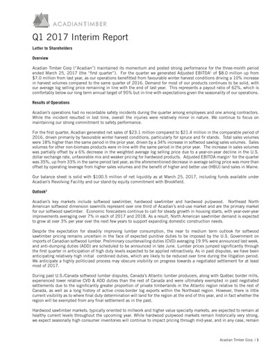 Thumbnail Acadian Timber Quarterly Report 2017-q1