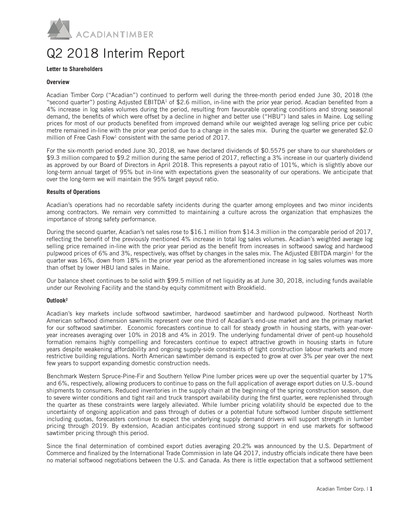 Thumbnail Acadian Timber Quarterly Report 2018-q2