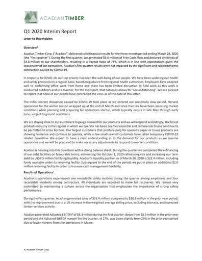 Thumbnail Acadian Timber Quarterly Report 2020-q1