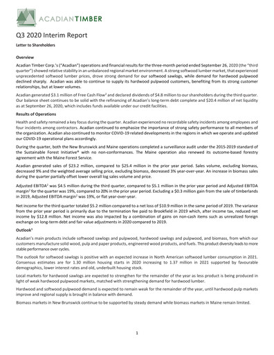 Thumbnail Acadian Timber Quarterly Report 2020-q3