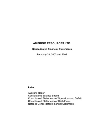 Thumbnail Amerigo Resources Financial Statement 2002-2003