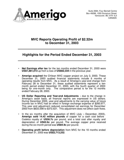 Thumbnail Amerigo Resources Financial Statement 2003