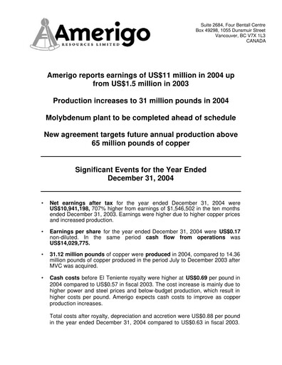 Thumbnail Amerigo Resources Financial Statement 2004