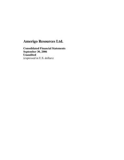 Thumbnail Amerigo Resources Financial Statement 2006-q3