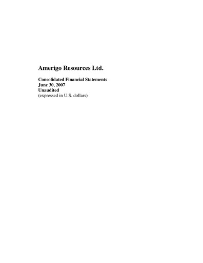 Thumbnail Amerigo Resources Financial Statement 2007-q2
