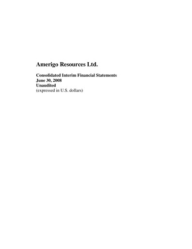 Thumbnail Amerigo Resources Financial Statement 2008-q2