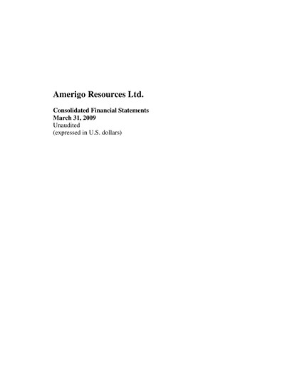 Thumbnail Amerigo Resources Financial Statement 2009-q1