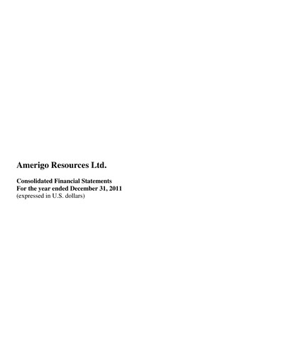 Thumbnail Amerigo Resources Financial Statement 2011