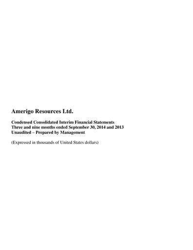 Thumbnail Amerigo Resources Financial Statement 2014-q3