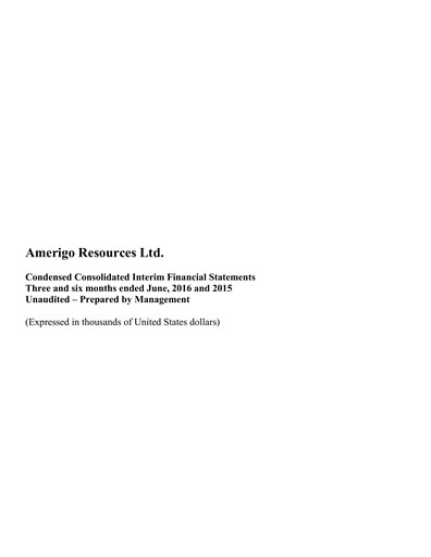Thumbnail Amerigo Resources Financial Statement 2016-q2
