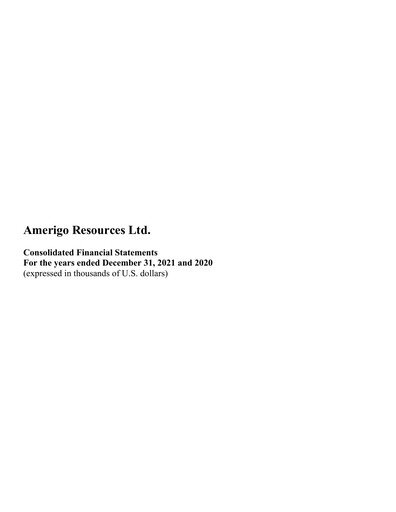Thumbnail Amerigo Resources Financial Statement 2021