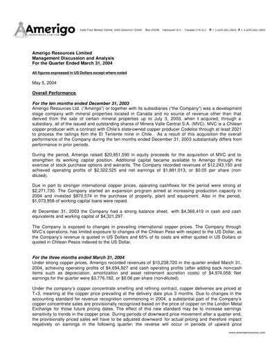 Thumbnail Amerigo Resources Quarterly Report 2004-q1