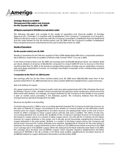 Thumbnail Amerigo Resources Quarterly Report 2004-q2