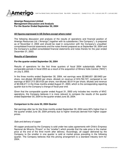 Thumbnail Amerigo Resources Quarterly Report 2004-q3