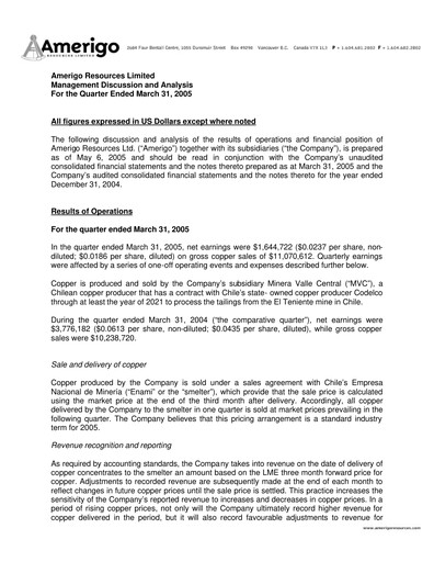 Thumbnail Amerigo Resources Quarterly Report 2005-q1