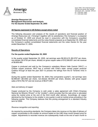 Thumbnail Amerigo Resources Quarterly Report 2005-q3