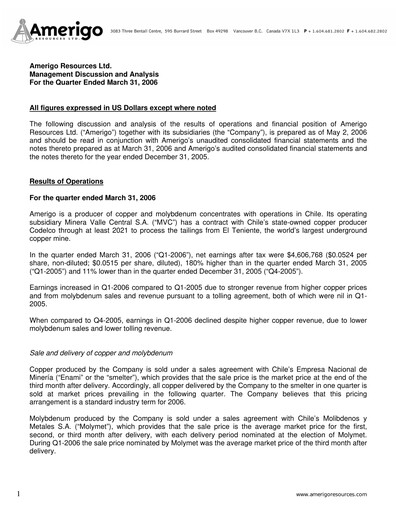 Thumbnail Amerigo Resources Quarterly Report 2006-q1