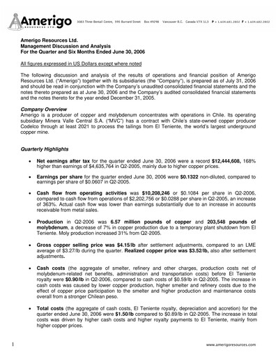 Thumbnail Amerigo Resources Quarterly Report 2006-q2