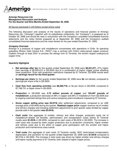 Thumbnail Amerigo Resources Quarterly Report 2006-q3
