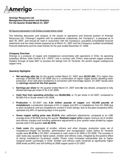 Thumbnail Amerigo Resources Quarterly Report 2007-q1