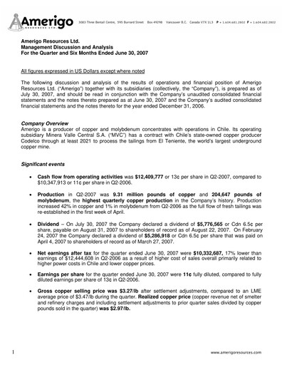 Thumbnail Amerigo Resources Quarterly Report 2007-q2