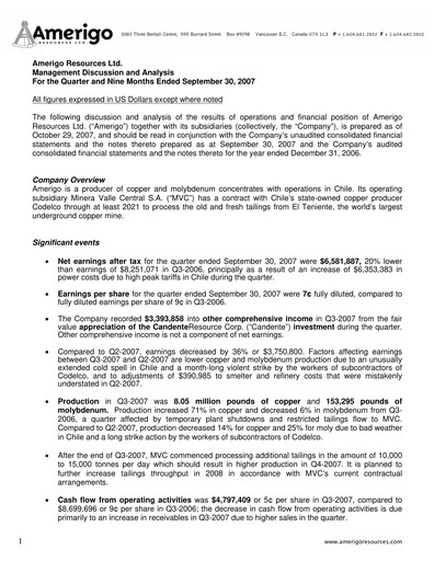 Thumbnail Amerigo Resources Quarterly Report 2007-q3