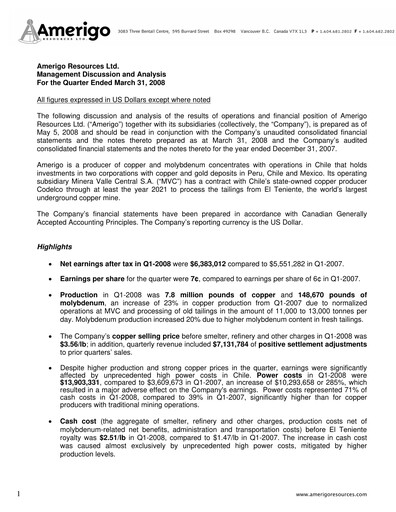 Thumbnail Amerigo Resources Quarterly Report 2008-q1