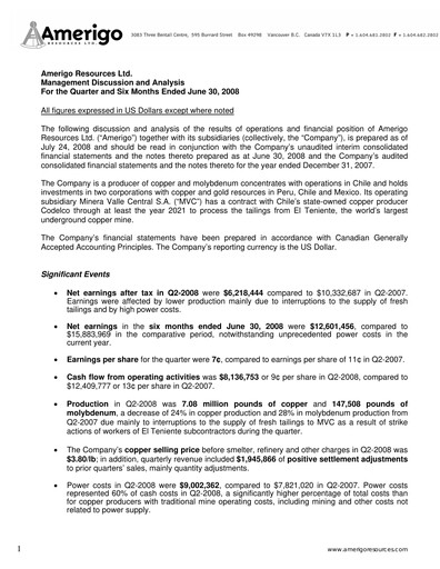 Thumbnail Amerigo Resources Quarterly Report 2008-q2