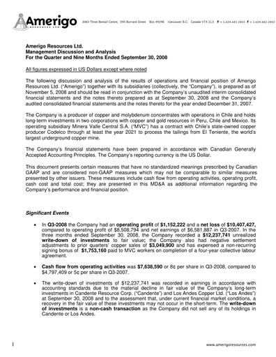 Thumbnail Amerigo Resources Quarterly Report 2008-q3
