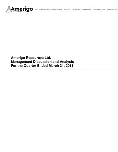 Thumbnail Amerigo Resources Quarterly Report 2011-q1