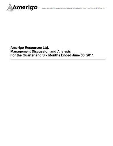 Thumbnail Amerigo Resources Quarterly Report 2011-q2