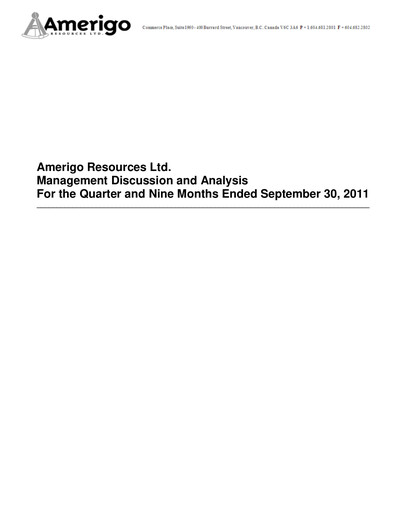 Thumbnail Amerigo Resources Quarterly Report 2011-q3