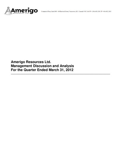 Thumbnail Amerigo Resources Quarterly Report 2012-q1