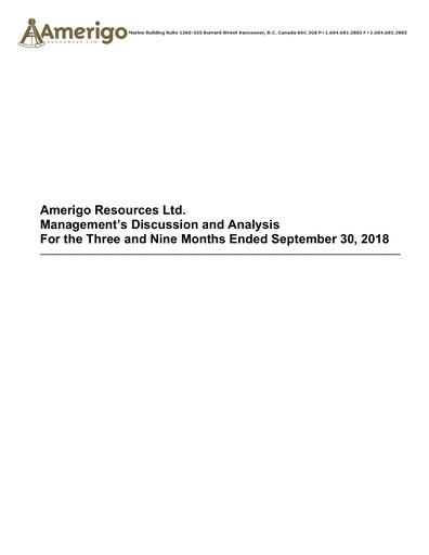 Thumbnail Amerigo Resources Quarterly Report 2018-q3