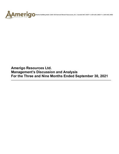 Thumbnail Amerigo Resources Quarterly Report 2021-q3