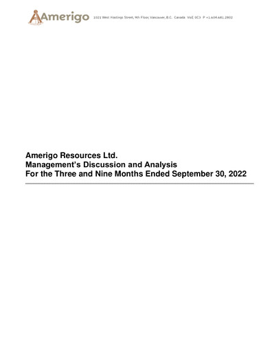 Thumbnail Amerigo Resources Quarterly Report 2022-q3