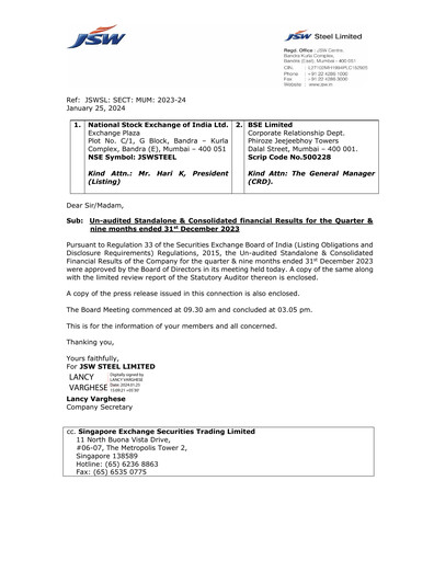 Thumbnail JSW Steel Quarterly Report 2023-q3