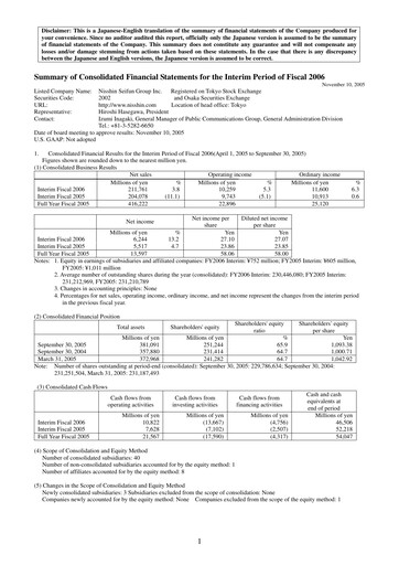 Thumbnail Nisshin Seifun Group
 Half-year Report 2006-h1